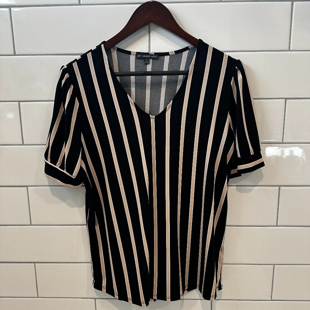 Adrianna Papell/ Anthropologie Blouse Black/tan Stripe Size M